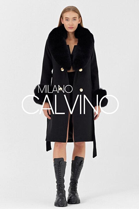 Milano Calvino Kürklü Kaşmir Palto Siyah Cash-doble