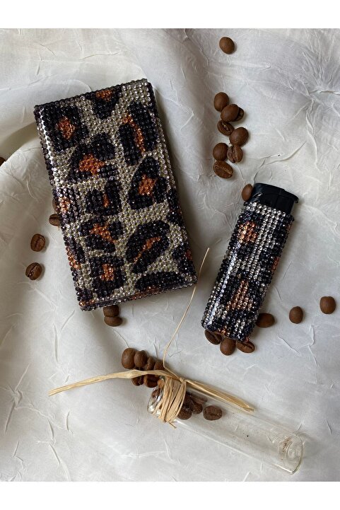 Zey Desing Cigarillo Kılıfı Kalın Kısa kutu uyumlu (black& Brown Leopar Değerli Taş Kaplama)