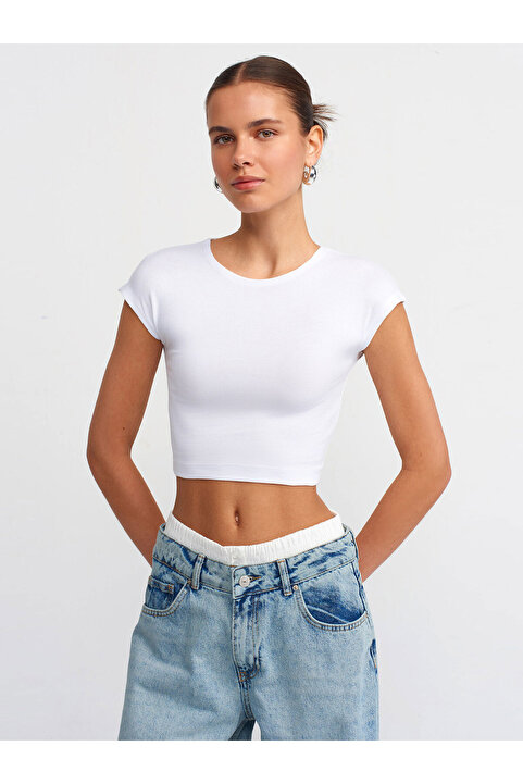 Dilvin 30528 Pamuk ve Modal  Karışımlı Crop Top-Beyaz