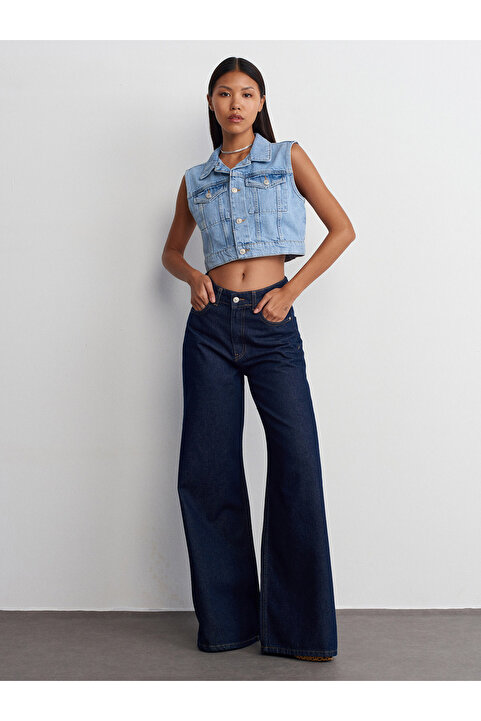 Dilvin 71706 Rins Yıkama Geniş Denim Pantolon-Lacivert
