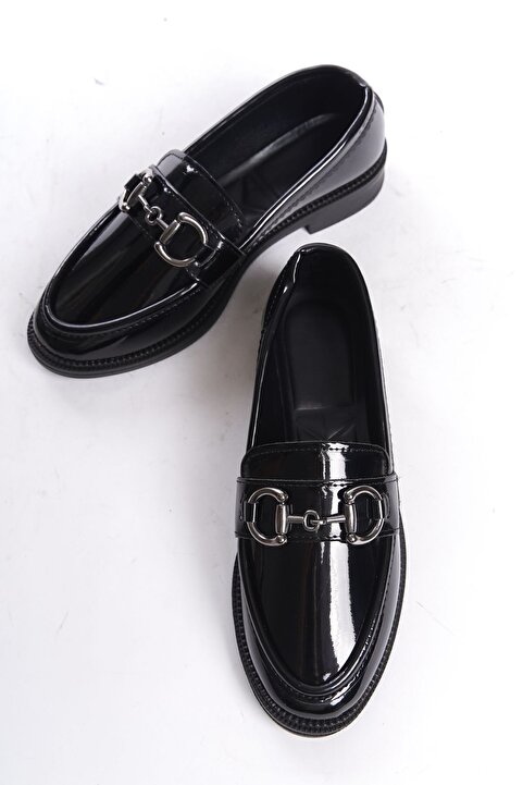 Entella Store Kadın Loafer Makosen Büyük Tokalı Siyah Rugan Günlük Ayakkabı
