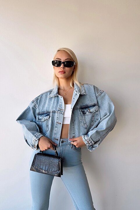 bacc Buz Mavi Çift Cepli Lazer Kesim Yıkamalı Crop Denim Ceket
