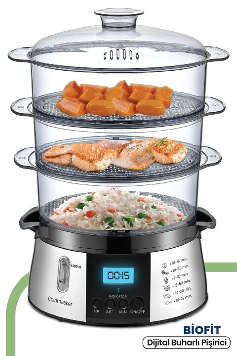 GoldMaster Biofit Led Ekranlı Dijital 120 Dakika Zaman Ayarlı 10 Litre Buharlı Pişirici GM7268D