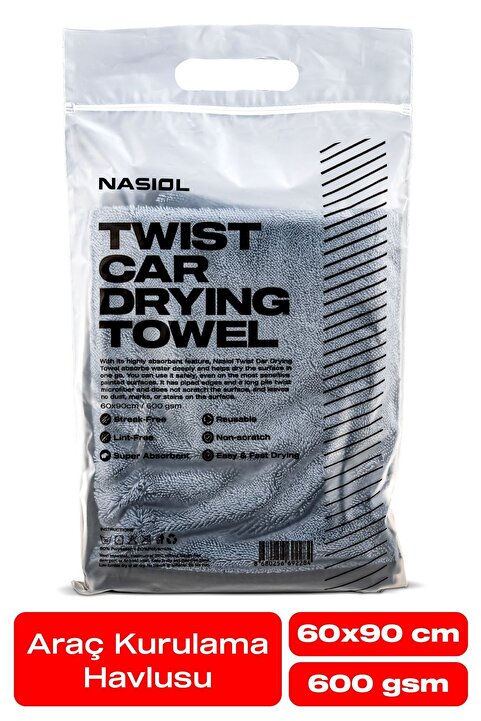 Nasiol Yüksek Su Emici Özellikli Mikrofiber Araç Kurulama Havlusu-Çiziksiz Temizlik-60x90cm-600gsm