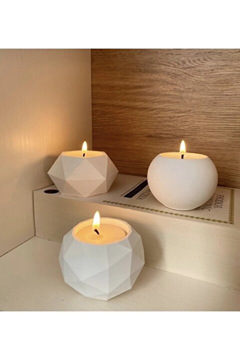 Genel Markalar Tealight Beton Mumluk 3 Lü Set, Dekoratif Hediyelik Ham Beyaz 5 X 7 Cm