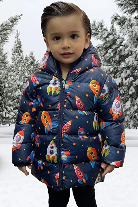 freemen Erkek Çocuk Polarlı Kapüşonlu Roket Desenli Kışlık Şişme Mont & Kaban & Parka