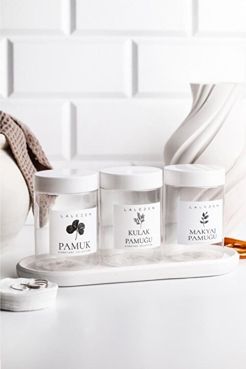 LALEZEN HOME Uzun Beyaz Stantlı Şeffaf Kulak Pamuğu -pamuk - Makyaj Pamugu Etiketli Kavanoz 200ml