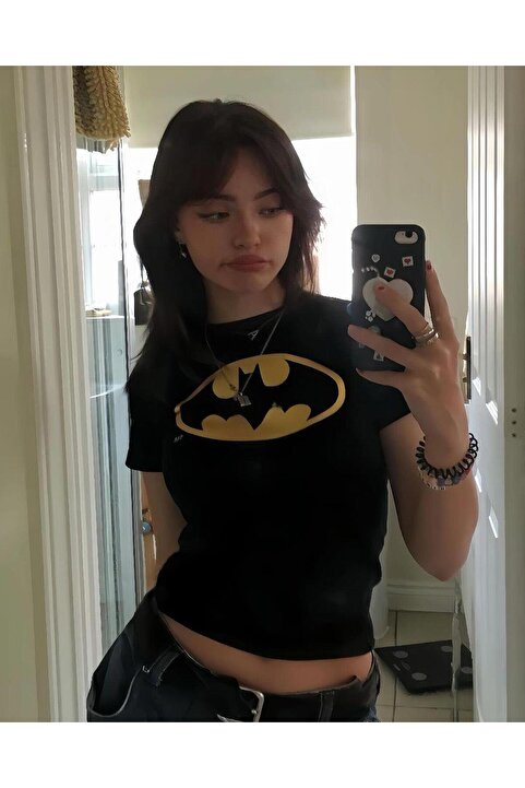 Toum PMG SHOP Kemer Boy Batman Detail Baskılı Siyah Crop