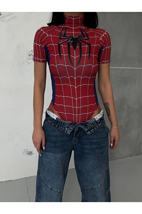 Toum MODESSY Dijital Baskılı Kısa Kollu Spider Çıtçıtlı Crop Bluz