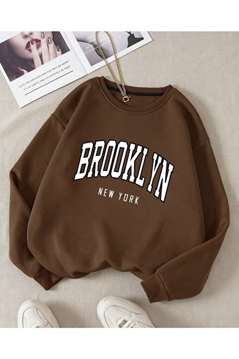 MOONBULL Ünisex Kahverengi Bronklyn Baskılı Oversize Sweatshirt