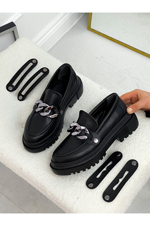 ERVANIN BUTİĞİ Siyah Cilt (Fabio) Üç Tokalı Kadın Loafer