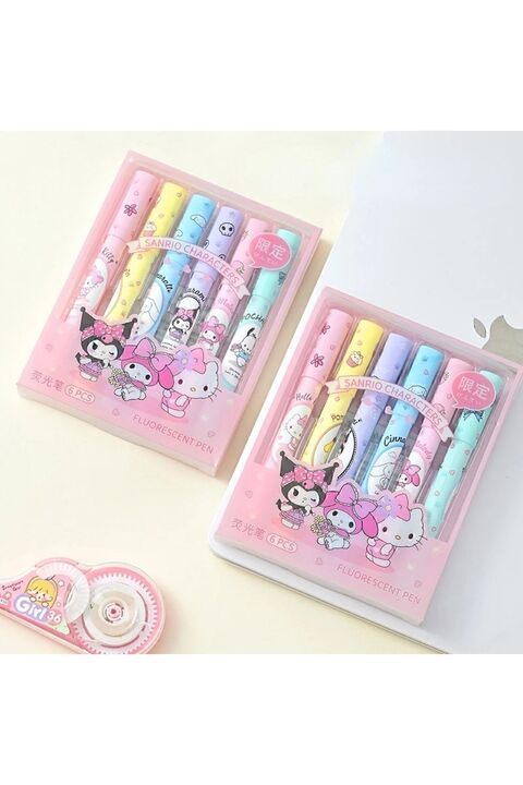 Kawaii Turuncu Sanrio Hello Kitty Kuromi 6'lı Fosforlu Kalem Seti