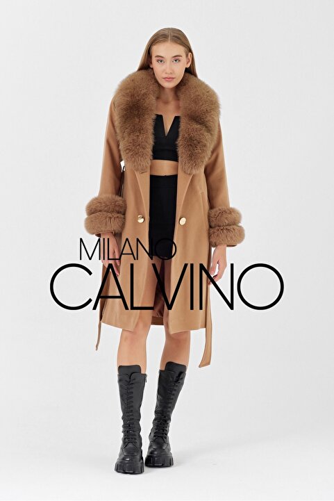 Milano Calvino Kürklü Kaşmir Palto ( Camel )