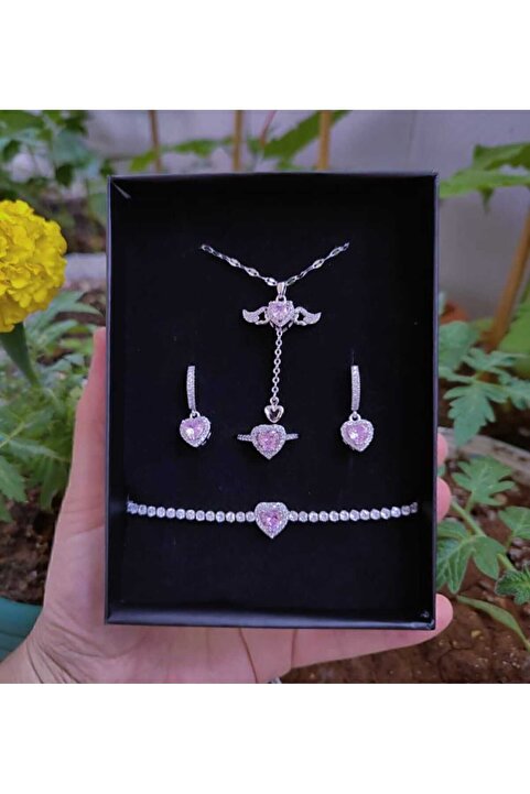 HKN AVM ACCESSORİES Çelik Kararmaz Gümüş Renk Kalp Yüzük Bileklik Kanatlı Kolye Küpe Ciddi Ilişki Yüzüğü Sevgiler günü hediye