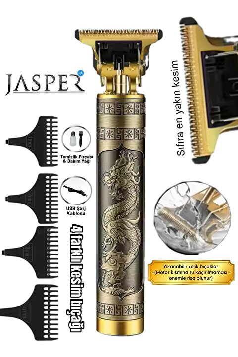 JASPER Tıraş Makinesi Metal Gövdeli T-bıçak Saç Ense Sakal Çizim Lazer Epilasyon Öncesi