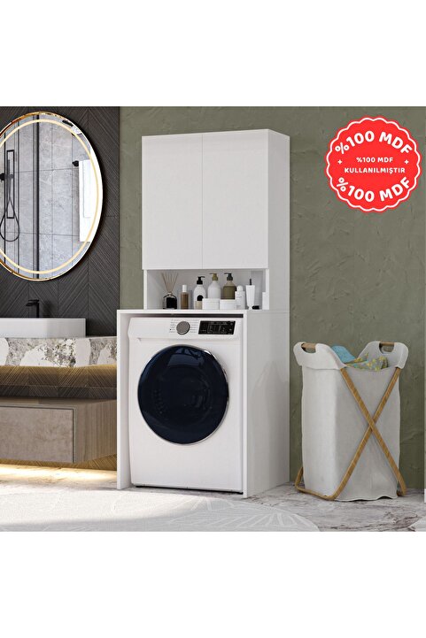 İMBAŞ Mobilya Çamaşır Makinesi Dolabı 3 Raflı Kapaklı Banyo Dolabı Beyaz %100 MDF