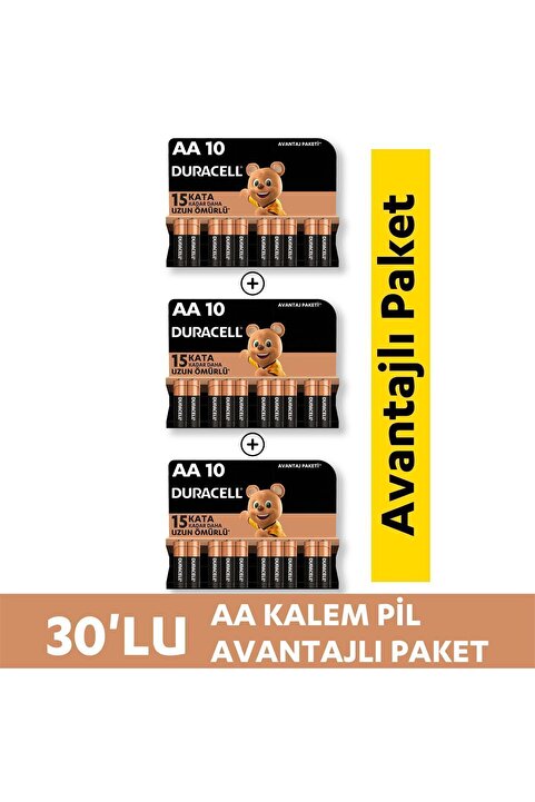 Duracell Alkalin AA Kalem Pil, 1,5V (LR03 / MN2400), 30'lu  Paket