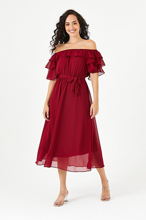 ADASTYLE Madonna yaka, Şifon, Bordo Elbise
