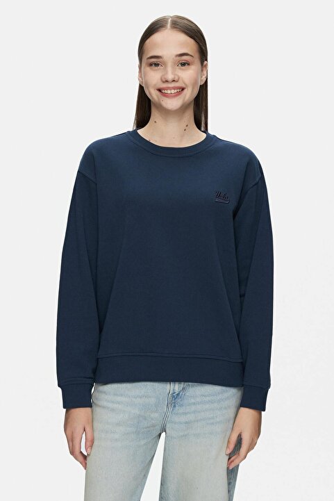 Ucla SUNNIVA Lacivert Bisiklet Yaka Nakışlı Loose Fit Kadın Sweatshirt