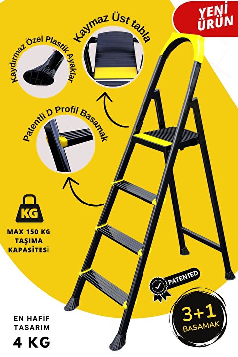 ERTEKPA Leo Siyah Merdiven 3+1 Metal Basamaklı