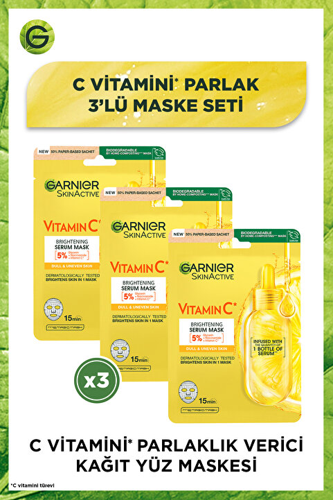 Garnier C Vitamini Parlaklık Verici Kağıt Yüz Maskesi 3'lü Set (5% Gliserin, Niacinamide)