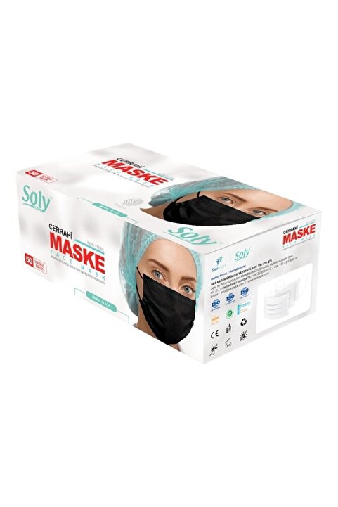 Genel Markalar "siyah" Care Cerrahi Maske 50 Adet (50'li 1 Kutu) Üç Katlı Lastikli Burun Telli