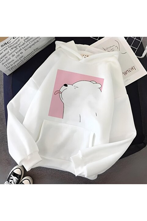 Genel Markalar Kadın Beyaz Kapüşonlu Baskılı Kanguru Cepli Rahat Kesim Oversize Sweatshirt
