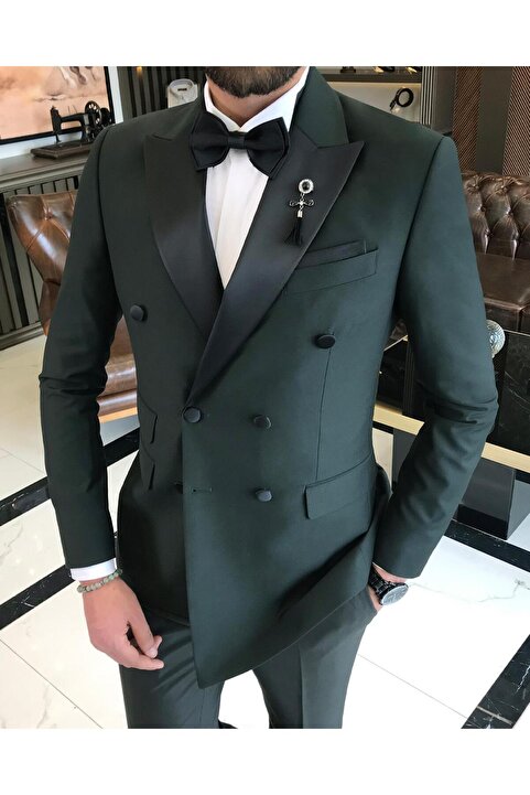 TerziAdemAltun İtalyan kesim slim fit kruvaze ceket pantolon damatlık set yeşil T9218