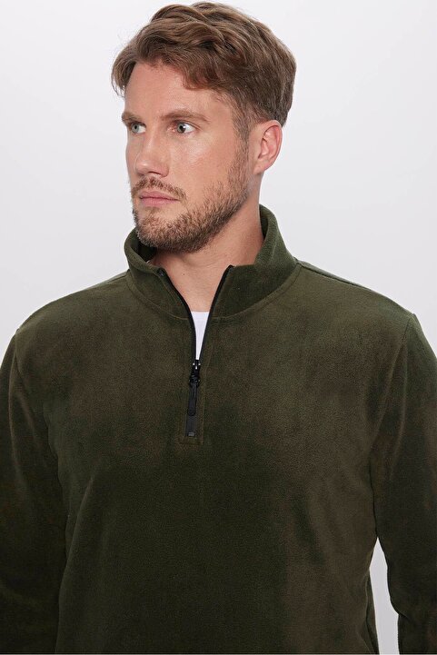 Tudors Unisex Rahat Kesim Tüylenmeye Karşı Dirençli Soğuğa Karşı Dayanıklı Haki Dik Yaka Polar Sweatshirt