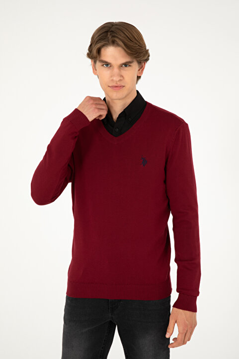 U.S. Polo Assn. Erkek Slim Fit V Yaka Bordo Basic Kazak 50293512-VR014