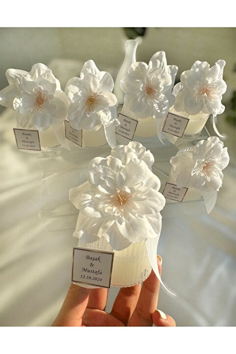 Gami Handmade Çiçek Detaylı Mika Şekerlik Mum Söz, Nişan, Düğün, Kına, Nikah, Mevlüt Hediyelik - 10 Adet