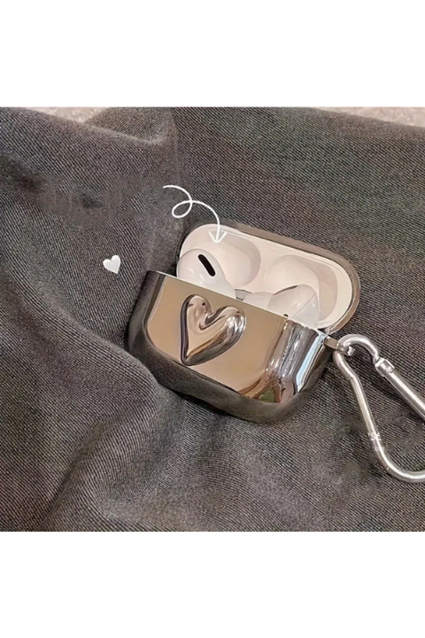 KVK PRİVACY Airpods Pro 2. nesil Uyumlu Gümüş Kalp 3d Desenli Kancalı Kulaklık Kılıfı Pro Ios Uyumlu