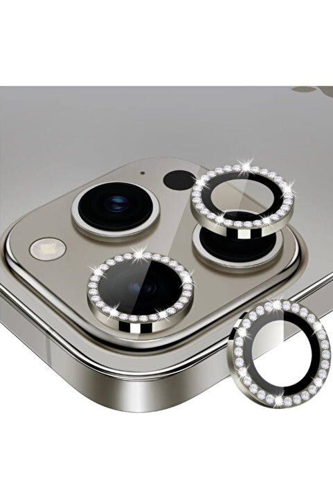 KVK PRİVACY Iphone 16 Pro/16 Promax Uyumlu Kamera Koruma Taşlı Lens Koruyucu Temperli Cam Koruma Titanyum