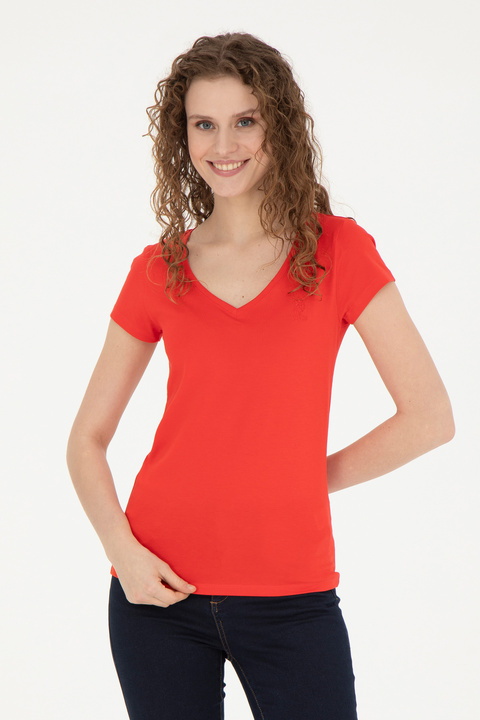 U.S. Polo Assn. Kadın Kırmızı Basic V Yaka Tişört 50280068-VR030