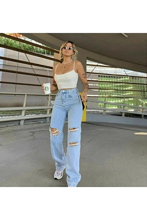 Trn JNS S.o.l.m.a.z Yırtık Buz Mavi Likralı Süper Yüksek Bel Salaş Jean Pantolon (süper Yüksek ) Wide Leg