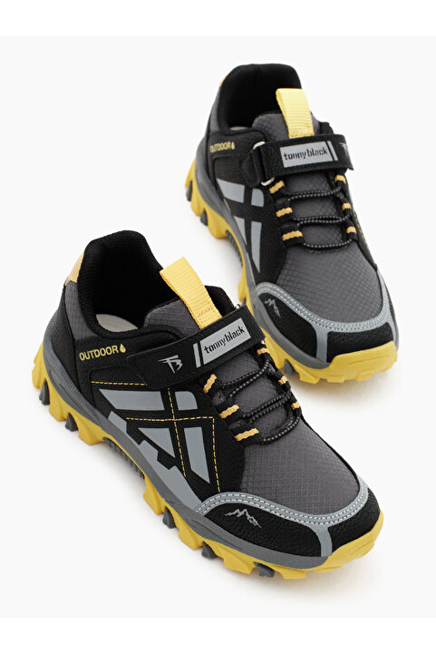 Tonny Black Çocuk Unisex Füme Sarı Termo Taban Su İtici Kumaş Cırtlı Trekking Ayakkabı