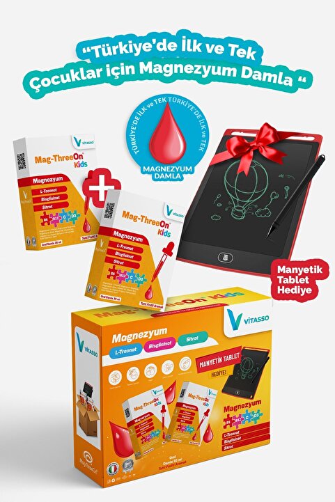 Vitasso Çocuklar Için MagnezyumMag-ThreeOn Kids Magnezyum L-Treonat, Magnezyum Bisglisinat, Magnezyum Sitrat, Vitamin B6, Vitamin B12, Vitamin C ve Vitamin D3 İçeren Takviye Edici Gıda 2'Lİ PAKET