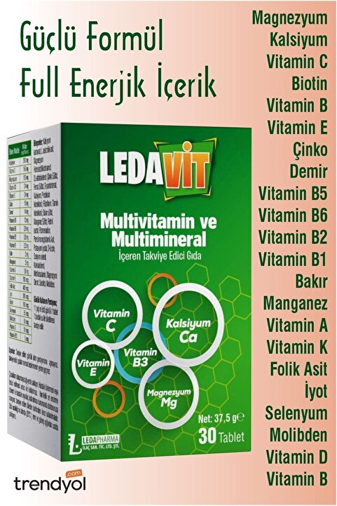 DermoExpress Ledavit Multivitamin Mineral 30 Tablet (KALSİYUM MAGNEZYUM ÇİNKO DEMİR VB.)