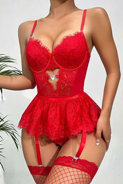 JUBELS Kırmızı Dantel Detaylı Jartiyer Etekli Babydoll Takım