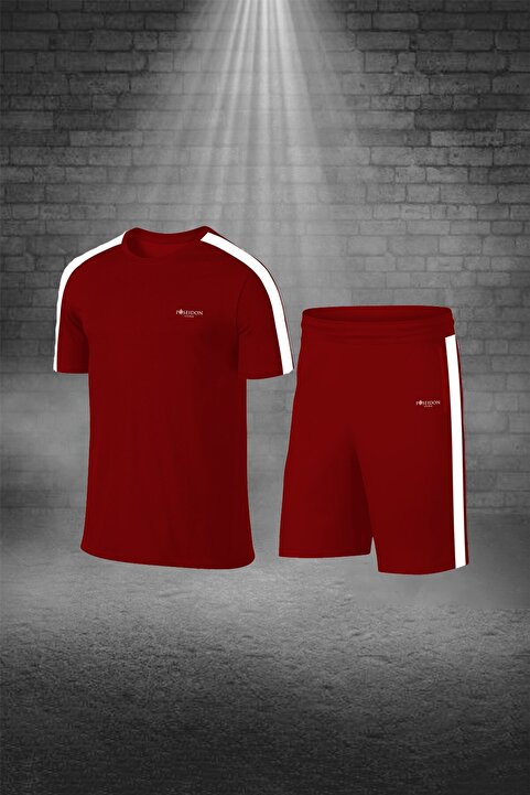 POSEIDONSTORM Büyük Beden Erkek Bordo Dri-Fit Spor için Cepli Kısa Kol Tişört Şort İkili Takım (4XL-10XL)