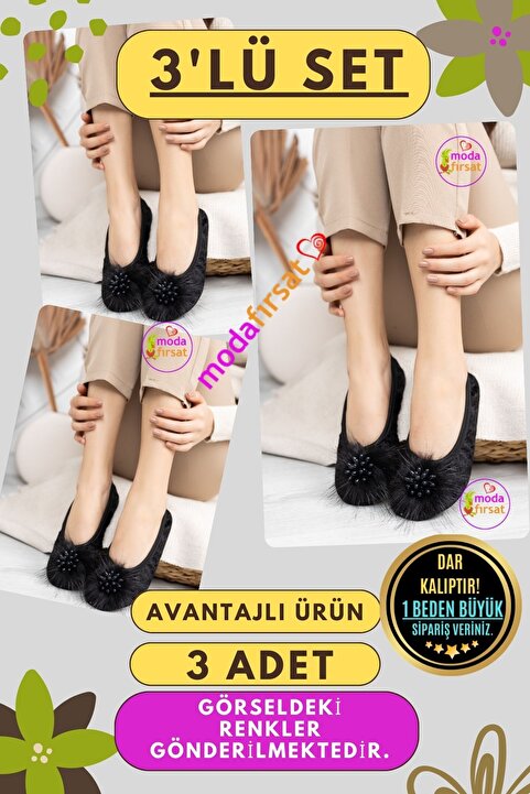 Modafırsat 3'lü Paket Siyah Kadın Pisi Patik Terlik  Kaymaz Ses Yapmaz Çantada Taşınabilir Ev Babeti
