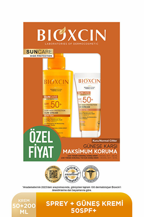 Bioxcin Sun Care Spf 50 Yüz Güneş Kremi 50 ml Kuru ve Normal Cilt + Vücut Güneş Spreyi 200 Ml Avantaj Seti
