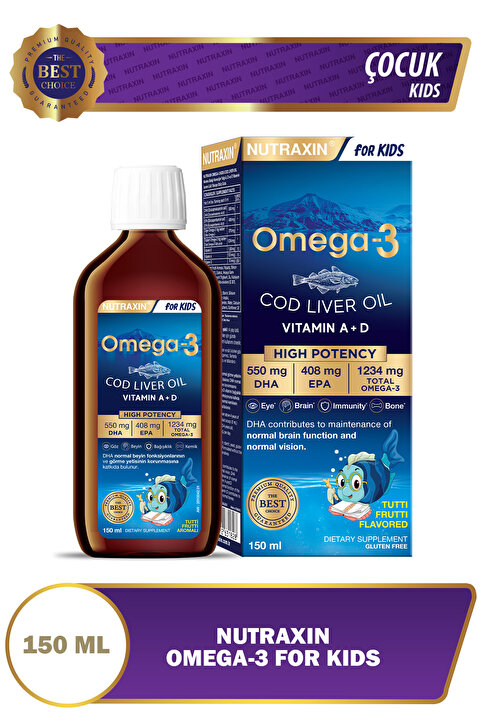 Nutraxin Omega 3 For Kids 150 ml – Yüksek DHA ve EPA A D E Vitaminli Tutti Frutti Aromalı
