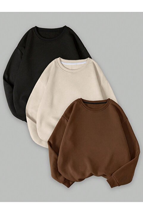 EYAX MODA 3'lü Avantaj Set Unisex Büyük Beden Sıfır Yaka Sweatshirt