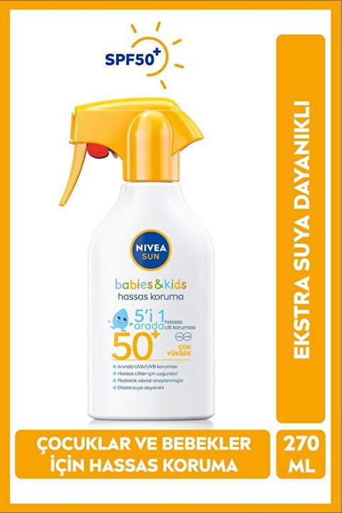 NIVEA SUN SPF50+ Bebek Ve Çocuklar Için Güneş Spreyi 270ml, Hassas Güneş Koruması, Ekstra Suya Dayanıklı