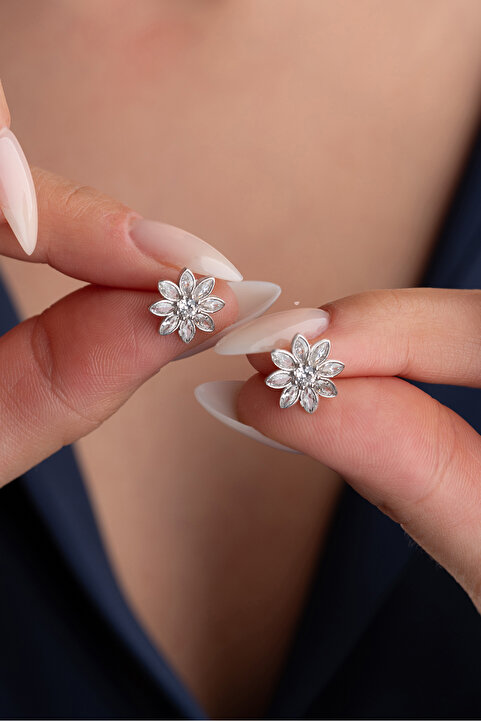 Silvano Jewelry 925 Ayar Gümüş Beyaz Taşlı Lotus Küpe