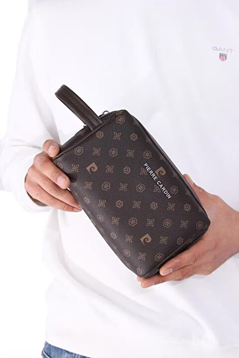 Pierre Cardin Kahverengi Monogram El Tutma Saplı Fermuar Kapamalı Erkek El Çantası Potföy Çanta Clutch 01PC002001