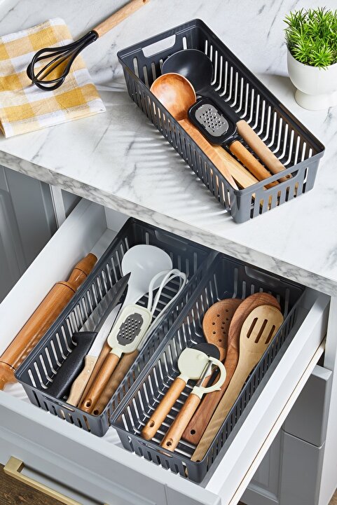 ALP HOME Antrasit 3'Lü Set Modüler Kaşıklık Ve Kepçelik Çekmece Içi Düzenleyici Mutfak Organizer