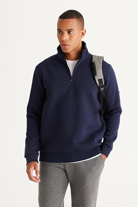 AC&Co / Altınyıldız Classics Erkek Lacivert Standart Fit Normal Kesim Içi Polarlı Fermuarlı Dik Bato Yaka Pamuklu Sweatshirt