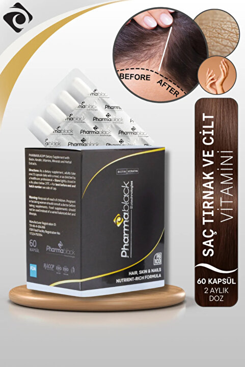 Pharmablack Saç Dökülmelerine Karşı Saç Vitamini Biotin Keratin Vitamin Complex-23 Etken Madde 60 Kapsül/2 Aylık